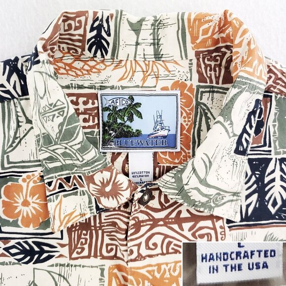 AFTCO Bluewater Hawaiian Shirt Polynesian Fishing Palm Trees Made USA Men Large - Picture 4 of 12